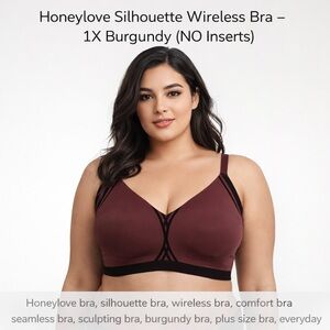 Honeylove Silhouette Wireless Bra –size 1X Burgundy/black (NO Inserts) soft sexy